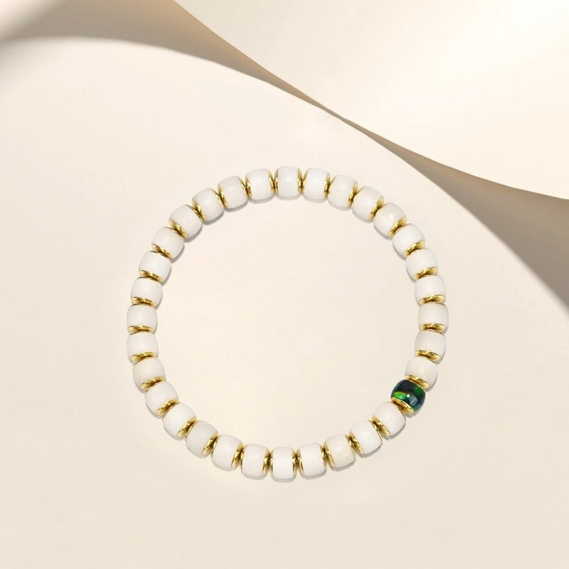 「Golden Aegis」White Bodhi Mala Bracelet - 7mm Hand - Inlaid with "Jade Tide" Plaques for Sovereign Protection & Purification - Buddhabelief