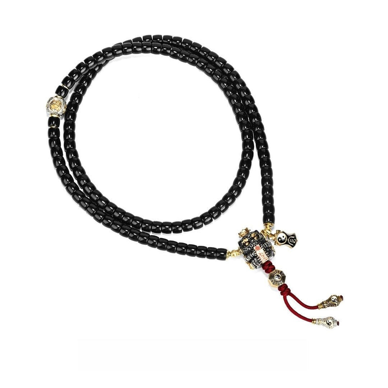 "Golden Honored White Emperor · Mystical Tiger" Taoist Mala - 6mm Black Coconut Shell Prayer Beads - Monk - Blessed Spiritual Jewelry for Wealth Authority & Cosmic Protection - Buddhabelief
