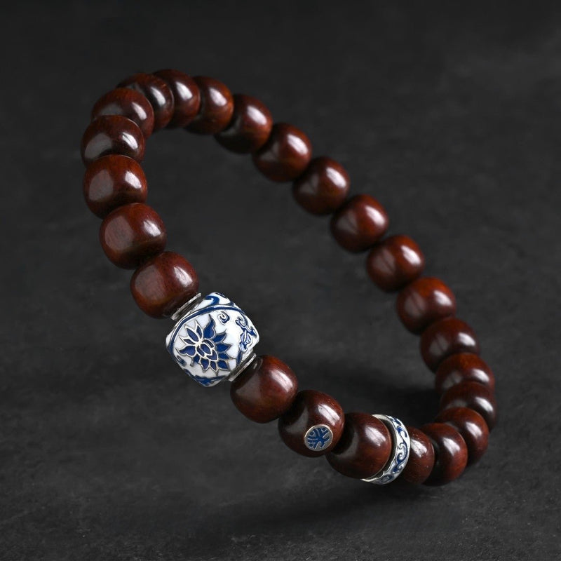 Celestial Blue Enamel Sandalwood Mala - Blue - and - White Porcelain Artistry Bracelet - Buddhabelief