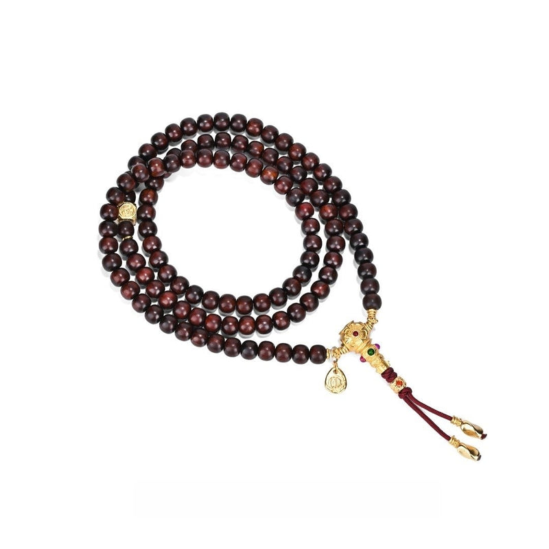 「Celestial Mandate」Old - Growth Sandalwood Mala Necklace - 7mm Beads with Four Emblems & Three Realms Alignment - Buddhabelief