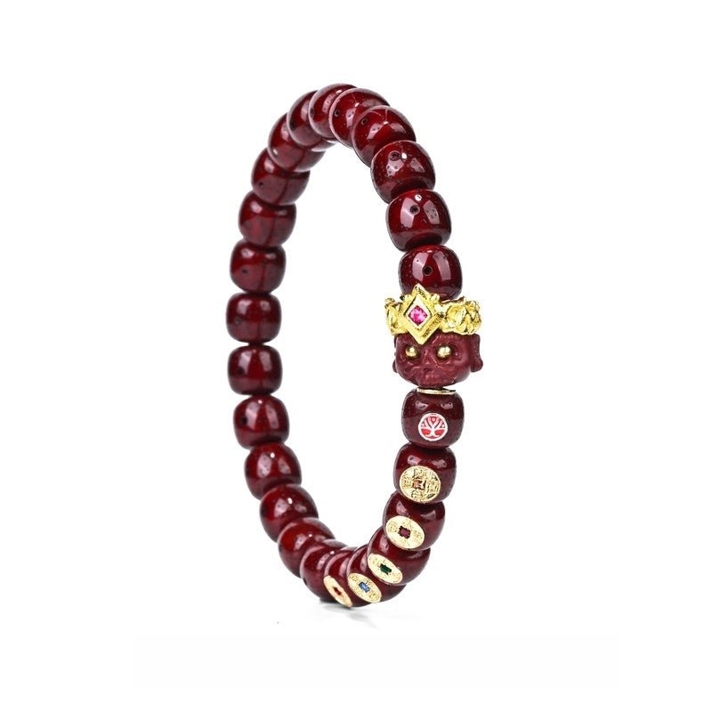 'Wealth Deity's Blessing' Cinnabar - Infused Star Moon Bodhi Bracelet 9x8mm - with Martial Wealth God Pendant - Monk - Blessed for Prosperity & Protection - Buddhabelief