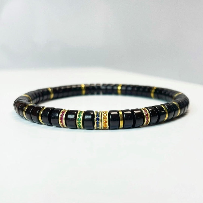Tibetan - Cut Black Gold Coconut Palm Bracelet – Rainbow Series (Artisanal Tablet Beads) - Buddhabelief