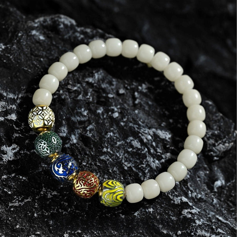「Five Elements Harmony」Aged Bodhi Seed Mala Bracelet - 8mm Beads with Elemental Gemstone Accents for Balanced Energy Flow - Buddhabelief
