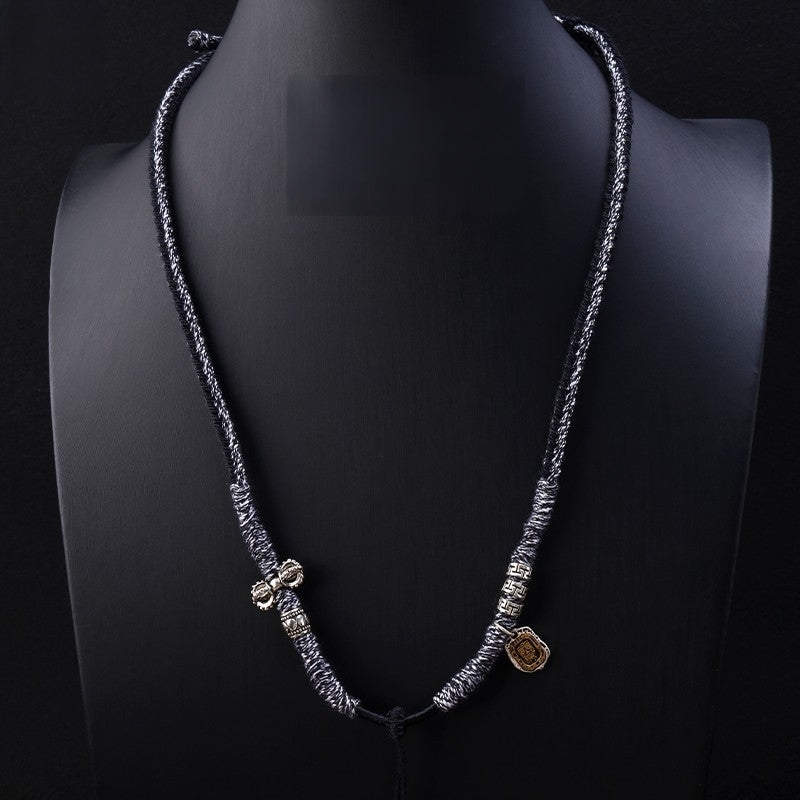 Handwoven Tibetan Thangka Rope – Black-Gray with Silver Accents - view 2