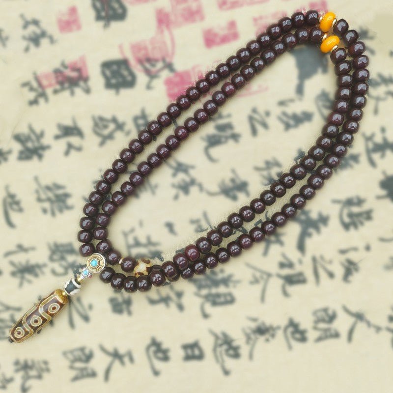 108pcs Sugar - Heart Aged Bodhi Root Mala with Nine - Eyed Dzi Bead • Unisex Prayer Beads - Buddhabelief