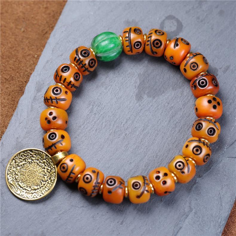 Tibetan Yak Bone Carved Smiley Bracelet – Handcrafted Yellow God of Wealth Mala for Blessing & Collection - Buddhabelief