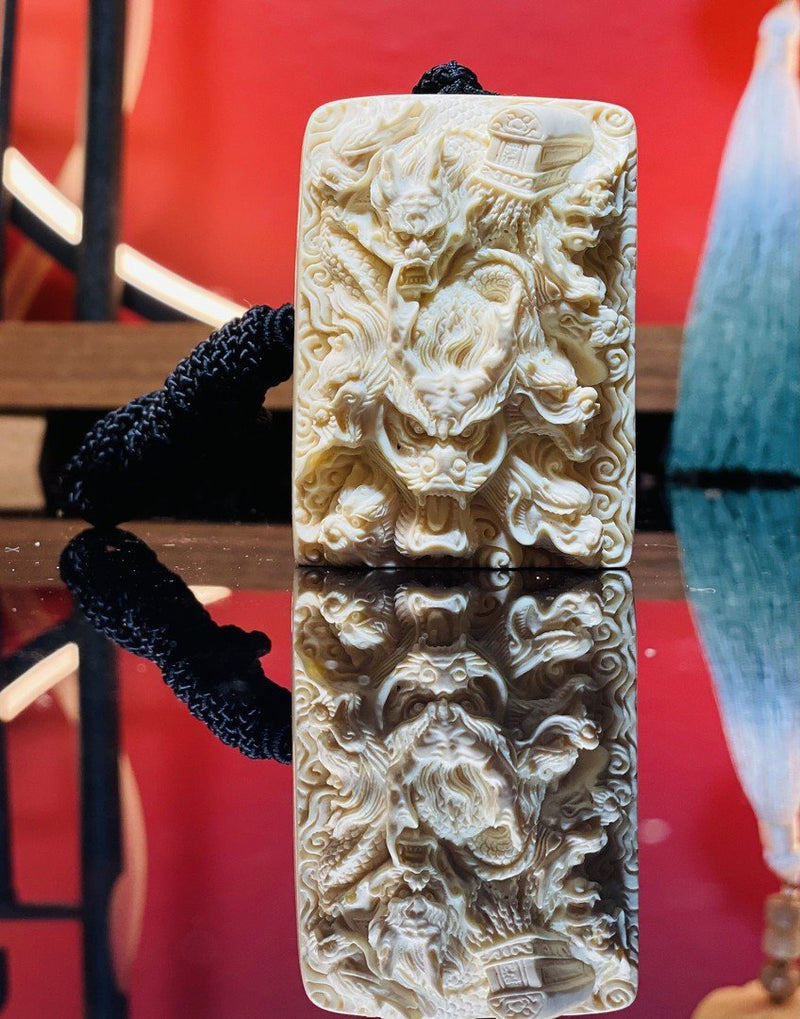 Nine Dragons Pulling Coffin Ivory Nut Carving - Hand - Carved Mythical Art Sculpture - Collector Artifact & Protection Talisman - Buddhabelief