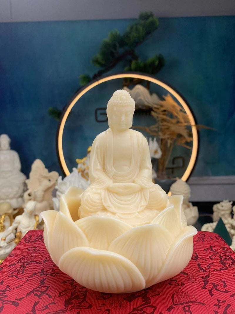Mahavairocana Buddha Lotus Throne Ivory Nut Sculpture - Sacred Buddhist Art Carving - Buddhabelief