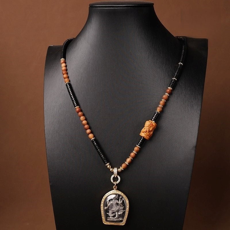Coconut Shell & Sandalwood Zhai Lhamo Necklace – Tibetan Wealth Amulet — view 4