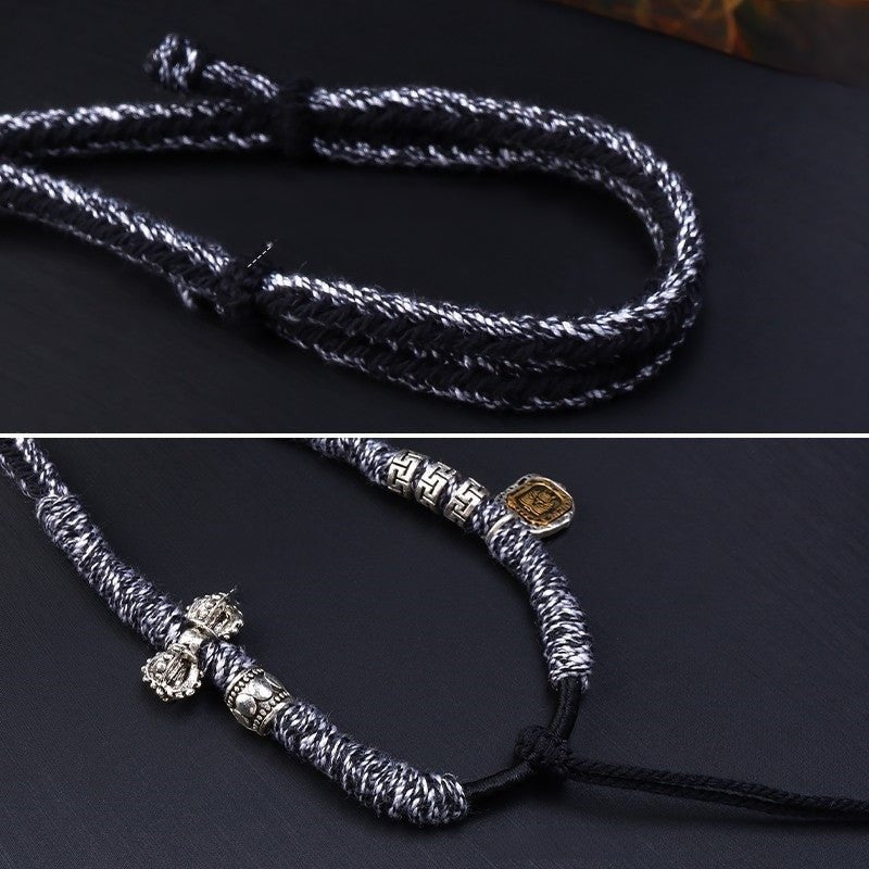 Handwoven Tibetan Thangka Rope – Black-Gray with Silver Accents - view 4