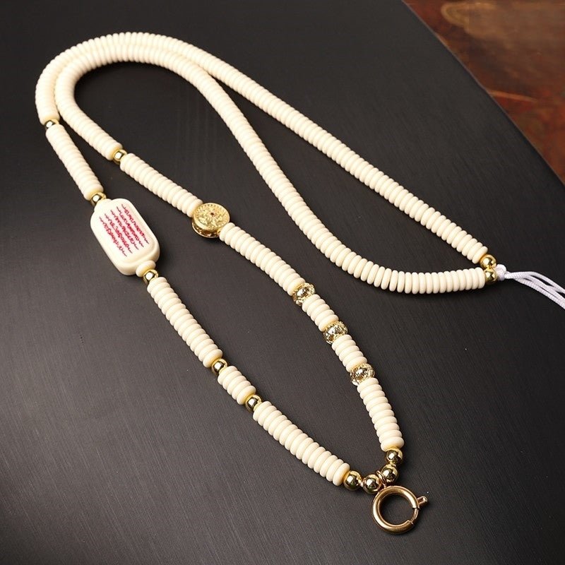 Tibetan Thangka Chain – White Five-Script Yak Bone Design with Steel Clasp — view 3