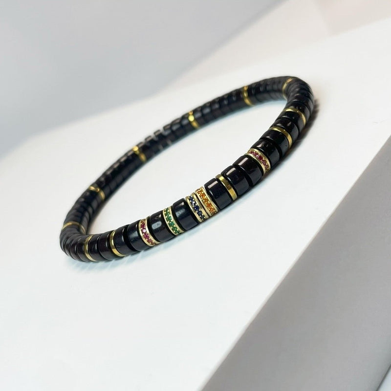 Tibetan - Cut Black Gold Coconut Palm Bracelet – Rainbow Series (Artisanal Tablet Beads) - Buddhabelief