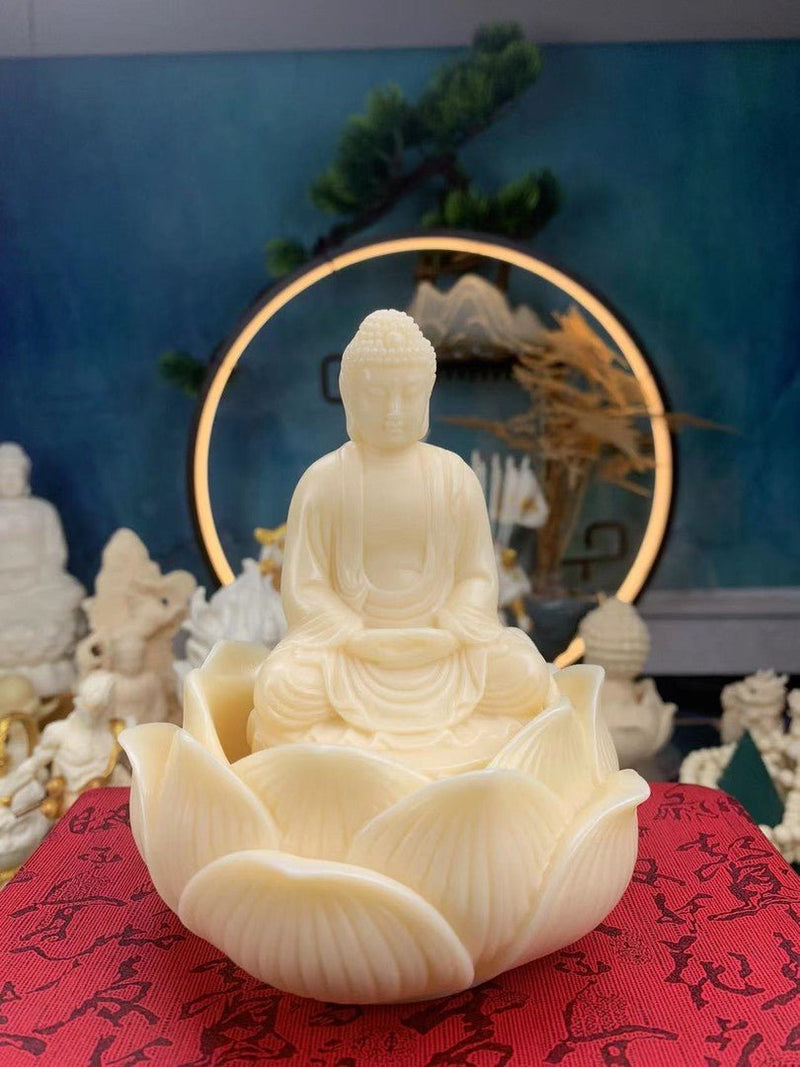 Mahavairocana Buddha Lotus Throne Ivory Nut Sculpture - Sacred Buddhist Art Carving - Buddhabelief