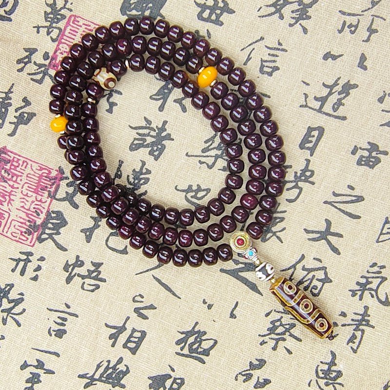 108pcs Sugar - Heart Aged Bodhi Root Mala with Nine - Eyed Dzi Bead • Unisex Prayer Beads - Buddhabelief