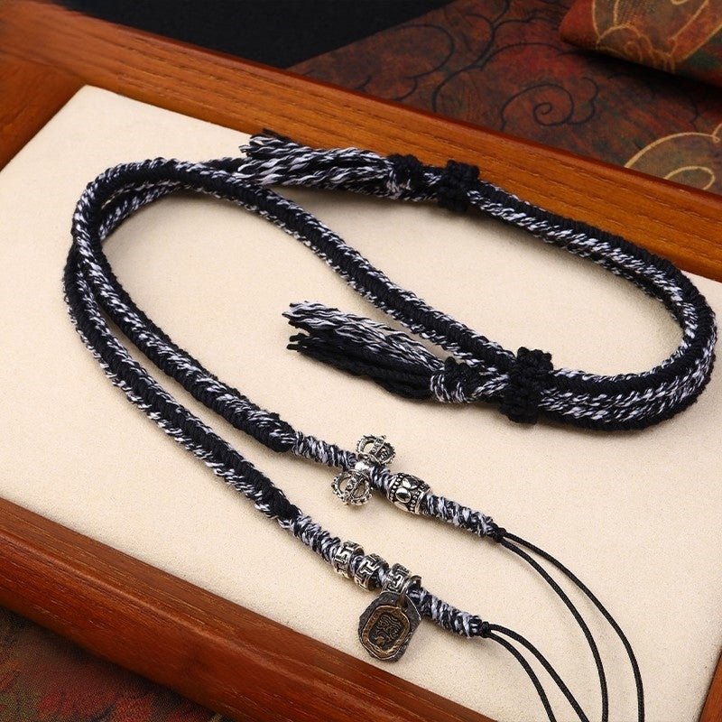 Tibetan Artisan Handwoven Black - Gray Thangka Hanging Rope – Silver Accent for Spiritual & Ethnic Wear - Buddhabelief