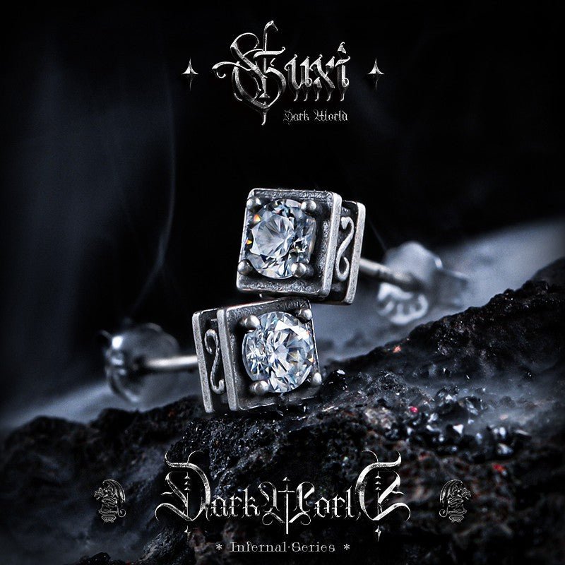 Cubic Cage Diamond Stud Earrings 925 Silver - Square Frame CZ Studs - view 2