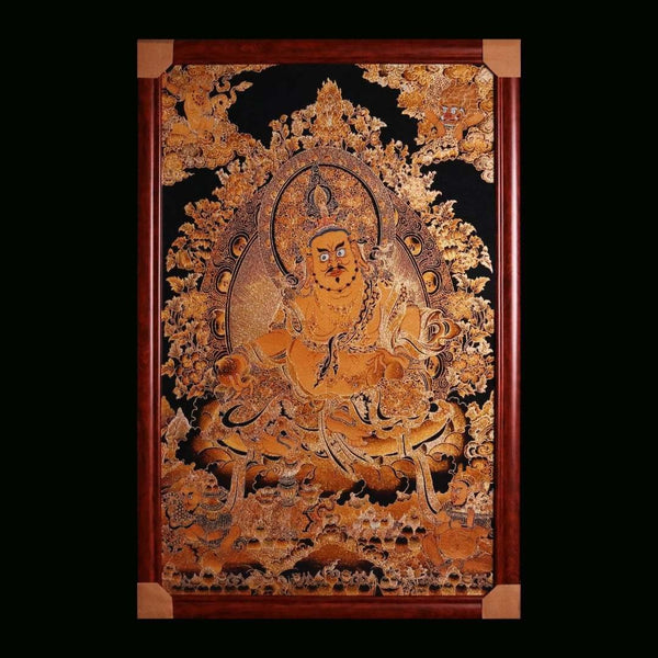 "Lord of Abundance" Yellow Jambhala Silk Embroidery Thangka Wall Art (Feng Shui Wealth Cure)