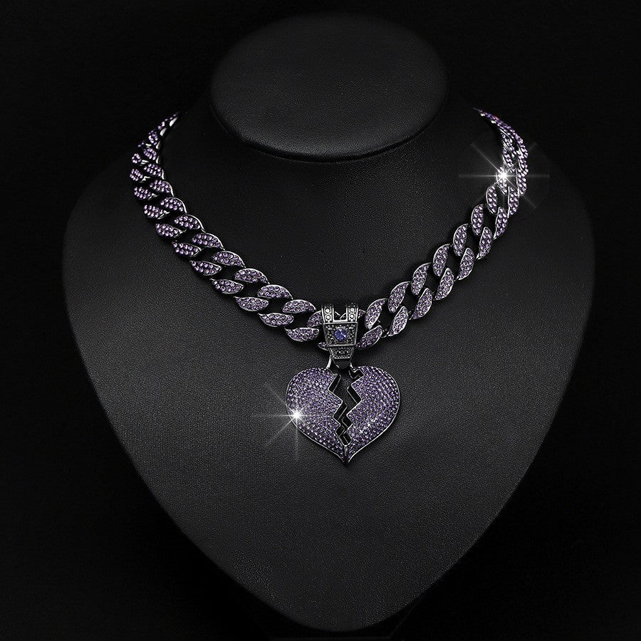 Purple Broken Heart Cuban Link Chain - Iced Out Statement Necklace - view 1