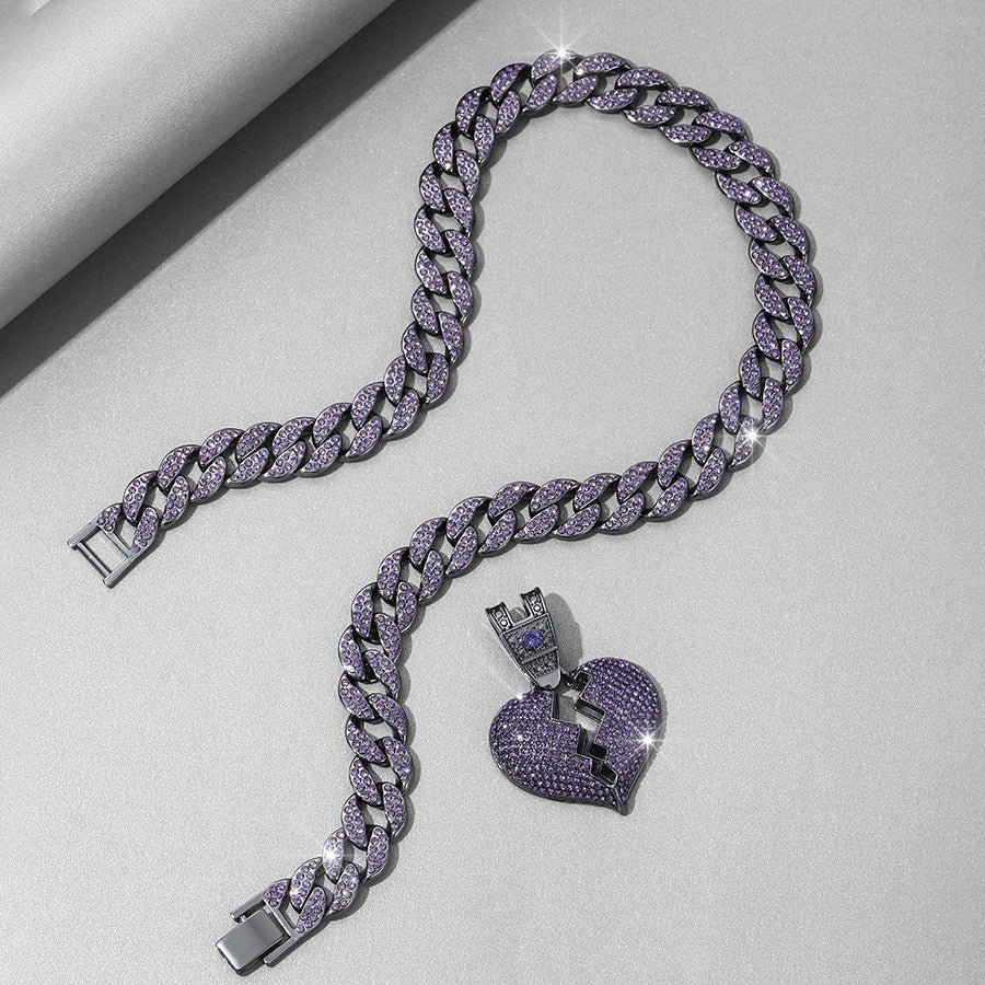 Purple Broken Heart Cuban Link Chain - Iced Out Statement Necklace - view 2