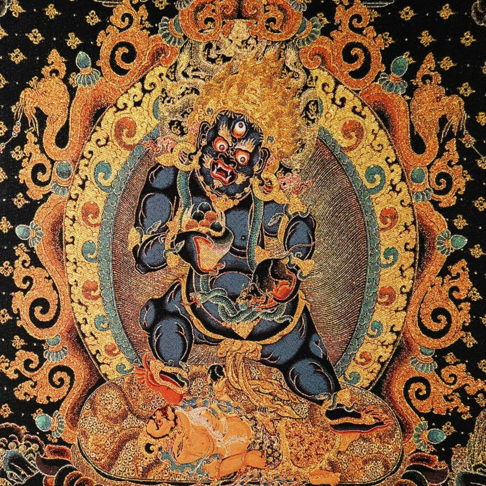 "The Wealth Guardian" Black Jambhala Silk Embroidery Thangka (Flowing Abundance) — view 2