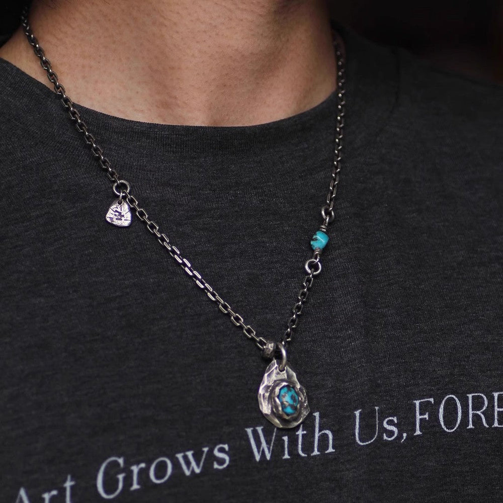 Turquoise Raw Stone Pendant - Stainless Steel Chain Necklace - view 3