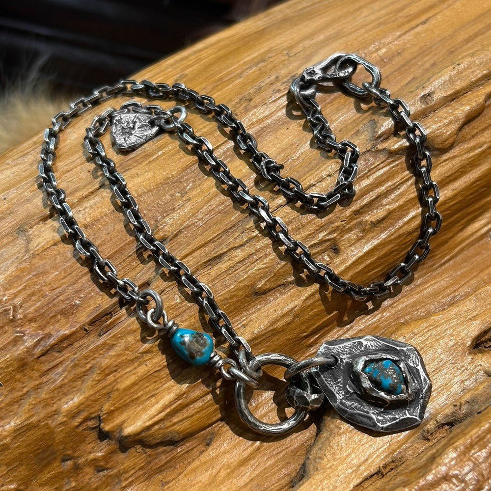 Turquoise Raw Stone Pendant - Stainless Steel Chain Necklace - view 2