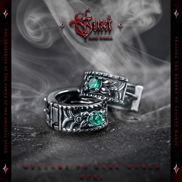 Wide Band Ring Earrings 925 Silver - Green Crystal Gothic Design