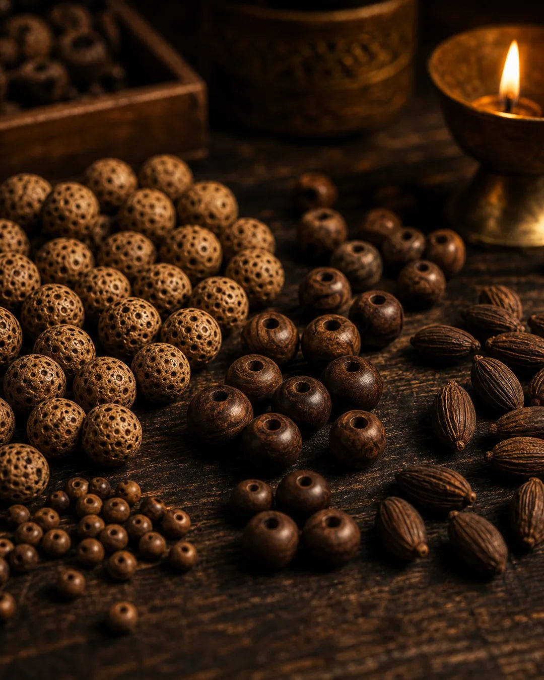 Rudraksha and bodhi seeds sorted before stringing
