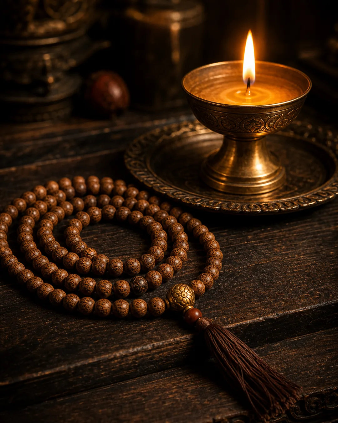 A finished pendant laid out beside a butter lamp before consecration