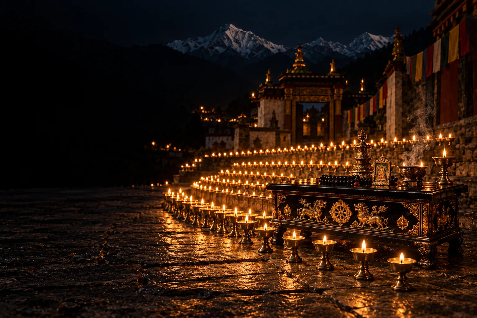 Rows of butter lamps glowing on a Himalayan temple terrace at night, around a black lacquer altar with a mala and a thangka pendant