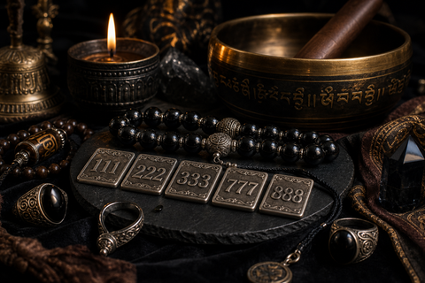 Angel number calculator with obsidian beads, crystal, and numerology tiles