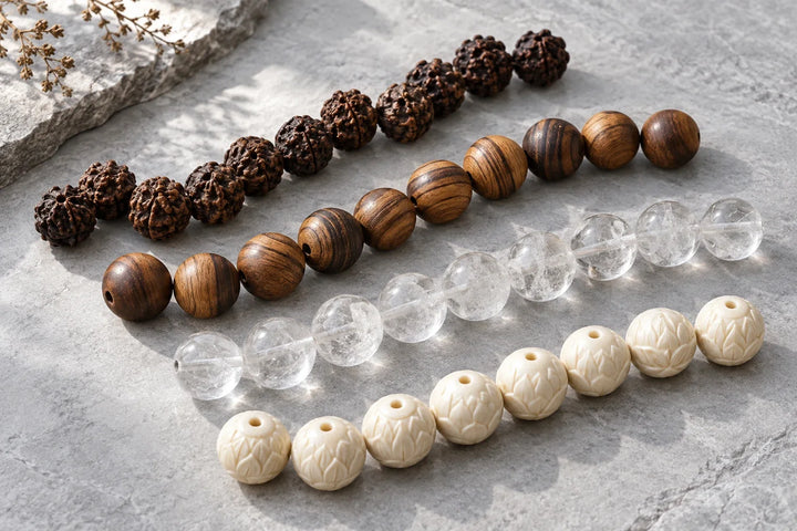Illustrated comparison of textured seed, striped wood, clear and carved pale beads on a gray surface