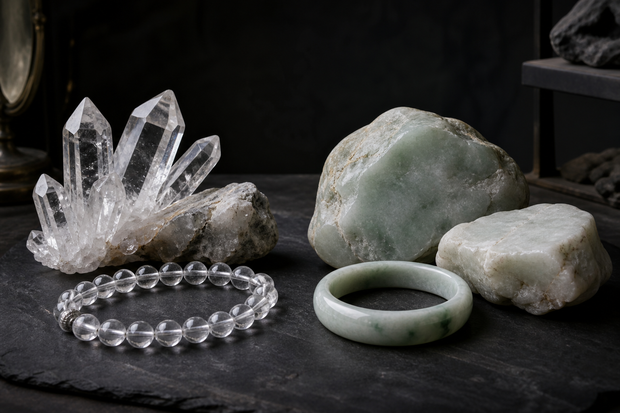 Clear quartz crystal and pale jade compared by transparency, texture and jewelry form