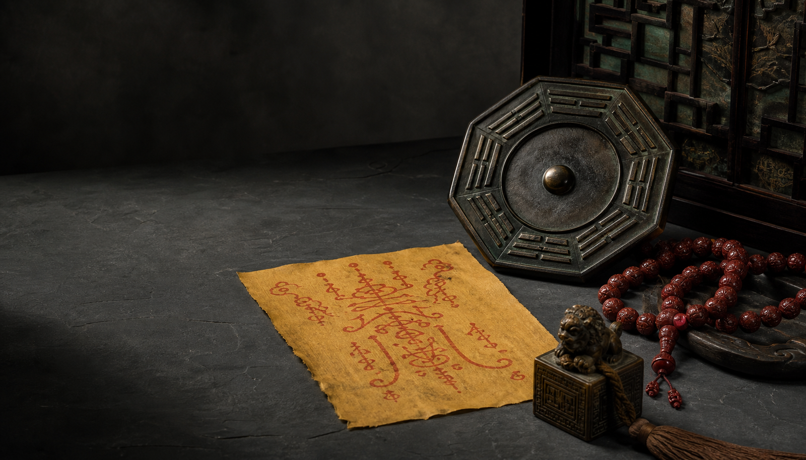 Taoist Fu talisman, Bagua diagram and Five Thunder objects compared