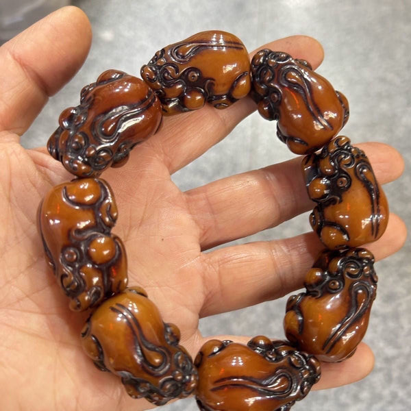 Carved Amber Pixiu Bracelet – Wealth & Protection