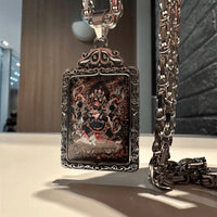 Buddhabelief Tibetan Buddhist silver amulet pendant with deity thangka design on chain necklace