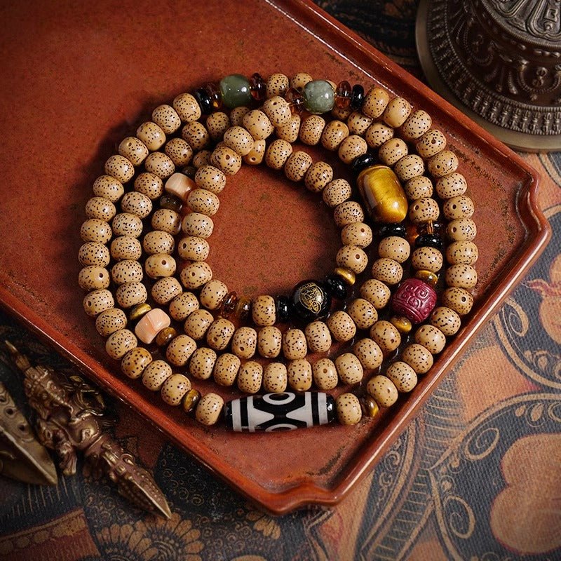Limitation - 108 beads of sky pearl and bodhi seeds prayer beads-Obsidian - view 1