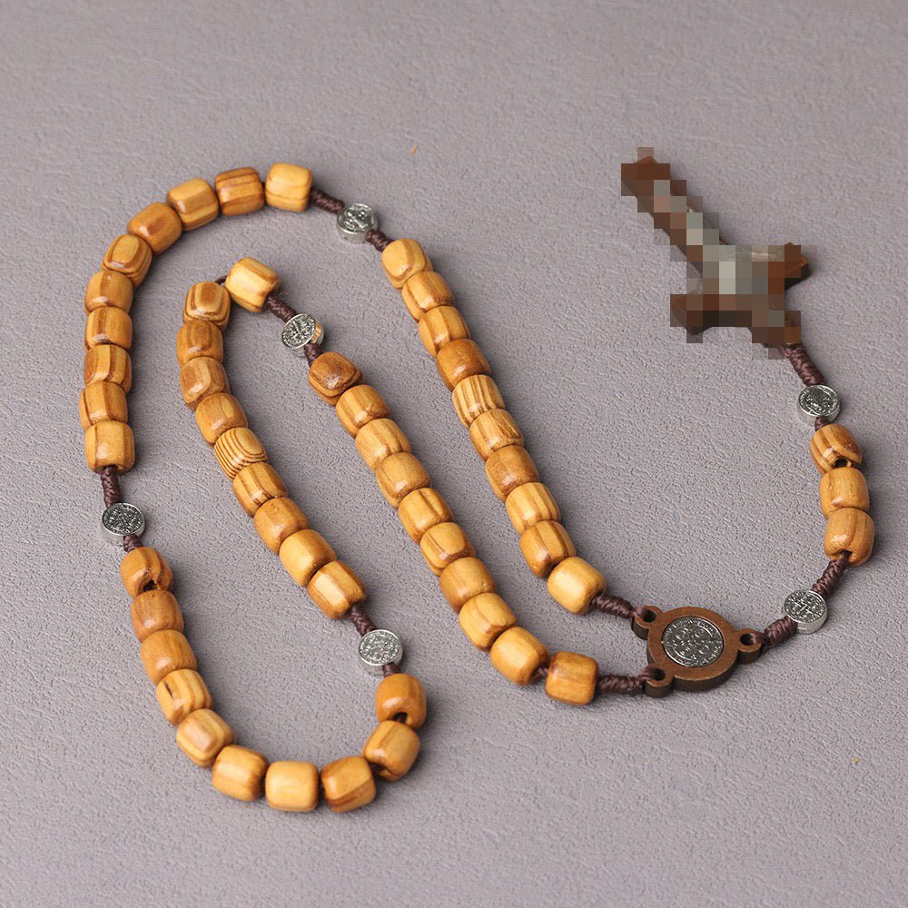 Natural Wooden Rosary Cross Necklace | Handmade - view 3