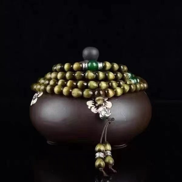 Golden Phoebe Nanmu 108‑Bead Mala Bracelet