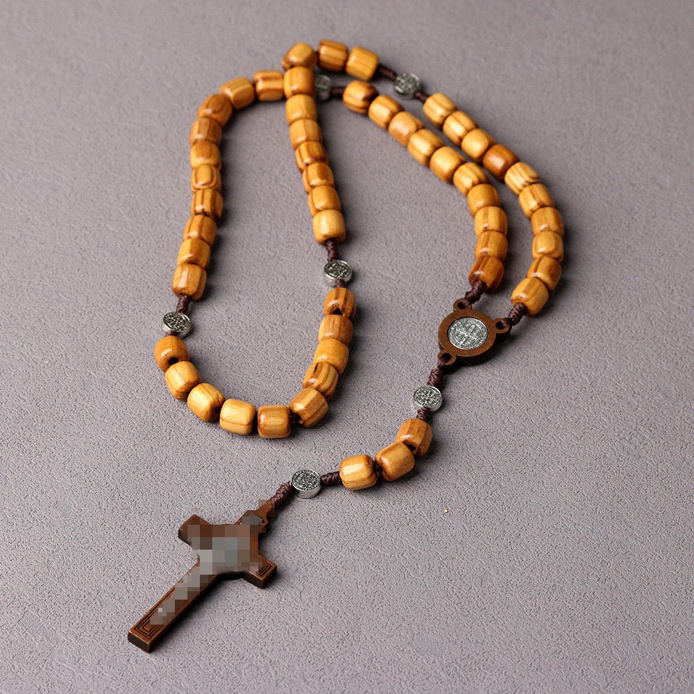 Natural Wooden Rosary Cross Necklace | Handmade - view 4