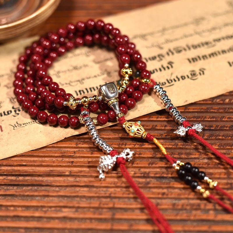 Tibetan cinnabar sand agate prayer beads - view 1