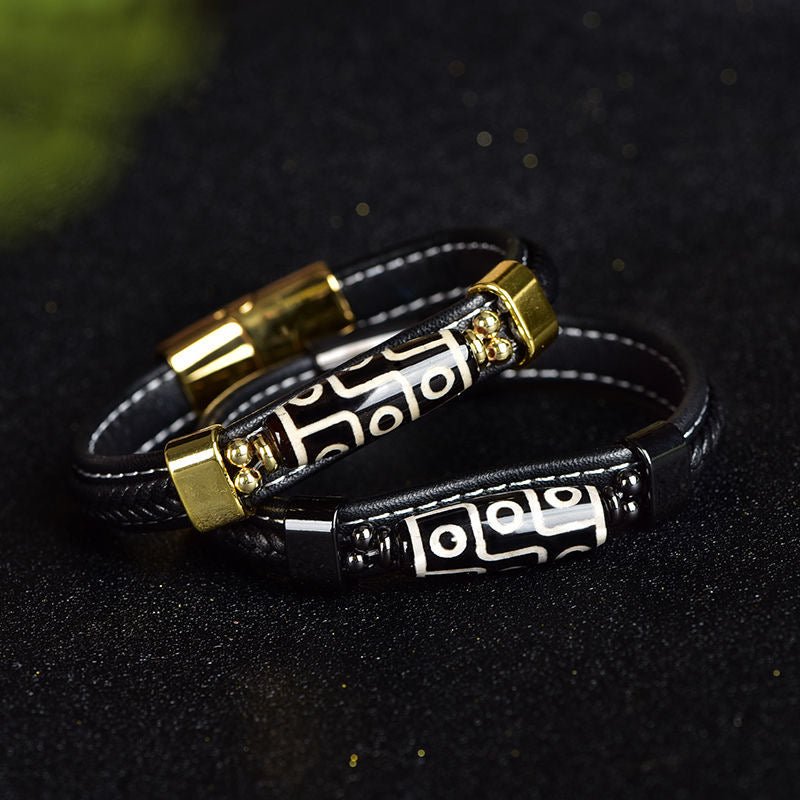 Tibetan Nine‑Eye Dzi Leather Woven Bracelet – Luck & Protection - view 1