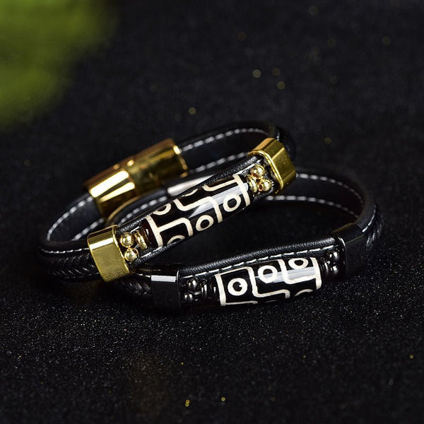 Tibetan Nine‑Eye Dzi Leather Woven Bracelet – Luck & Protection