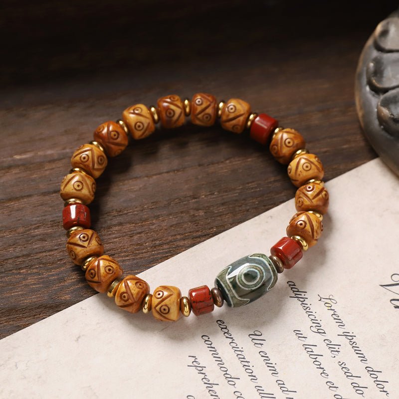 Tibetan Natural Yak Bone Carved Bracelet – Agate & Dzi Bead Accents - view 2