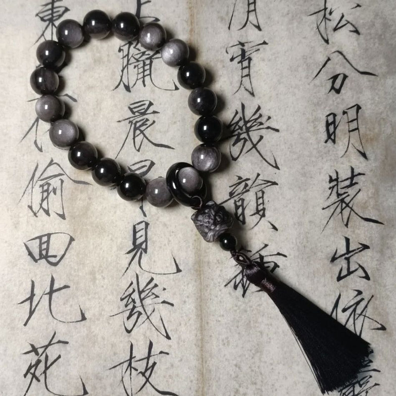 Blessed Tibetan Silver Obsidian Mala Beads | Handmade Buddhist Prayer Beads for Meditation & Protection - Buddhabelief
