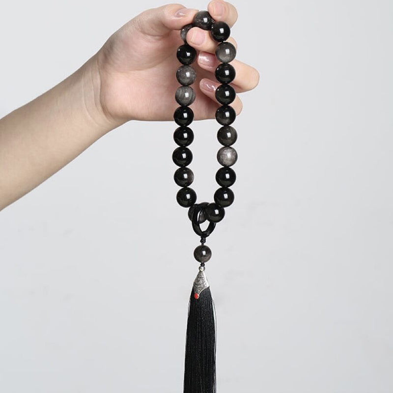 Blessed Tibetan Silver Obsidian Mala Beads | Handmade Buddhist Prayer Beads for Meditation & Protection - Buddhabelief