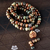Handmade Tibetan agate prayer beads mala with natural brown and green tones, 108 bead meditation necklace with carved guru bead