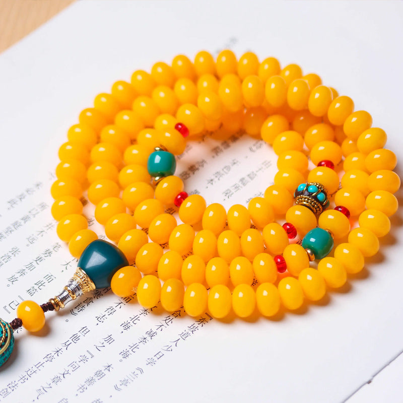 108 yellow amber mala beads with turquoise and coral accents for Tibetan Buddhist meditation
