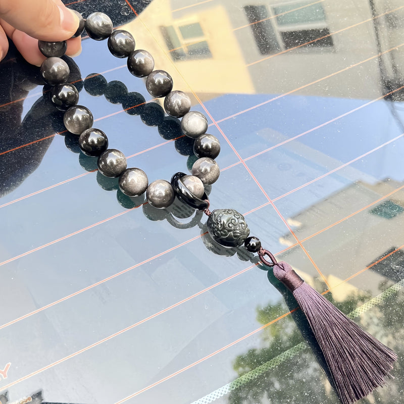 Blessed Tibetan Silver Obsidian Mala Beads | Handmade Buddhist Prayer Beads for Meditation & Protection - Buddhabelief