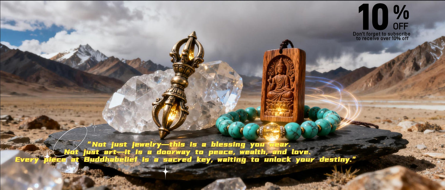 Buddhabelief Himalayan quartz crystal prayer beads, wooden Buddha pendant and dorje vajra displayed with mountains background, 10% discount banner
